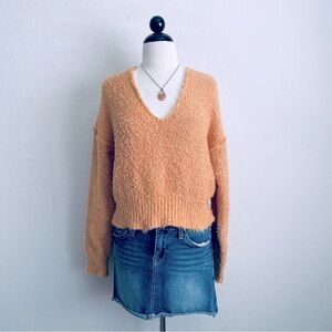We the Free Free People Orange Eyelash 
V-Neck Cropped Sweater